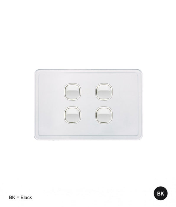White light switch panel with four switches on a white background
