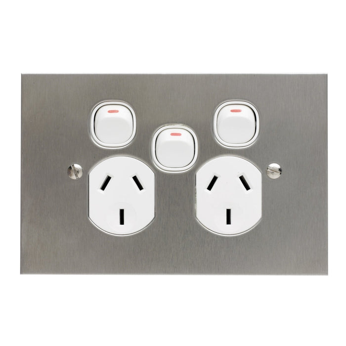 Clipsal BSL Stainless Steel Double Powerpoint Outlet With Extra Switch
