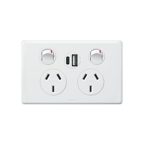 Legrand Excel Life Double Power Point Outlet With Integrated A+C USB Charger, Available in 5 Colours