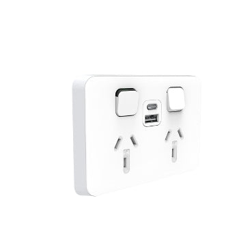 clipsal iconic double power point outlet with dual a c usb vivid white