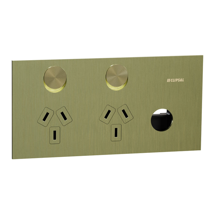Clipsal Solis T Horizontal Double Powerpoint With Extra Switch Brushed Brass