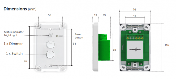 Powermesh Multi Dimmer Switch 2 Button 1 Dimmer 1 Relay 10A Max Per Plate 230V