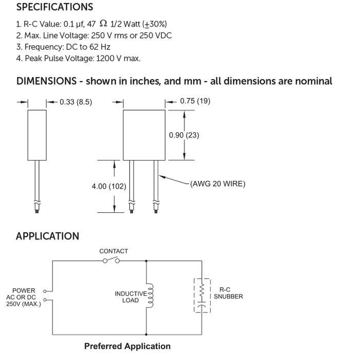 Specs for Powermesh Red Lion RC Snubber Suppressor for Inductive Loads