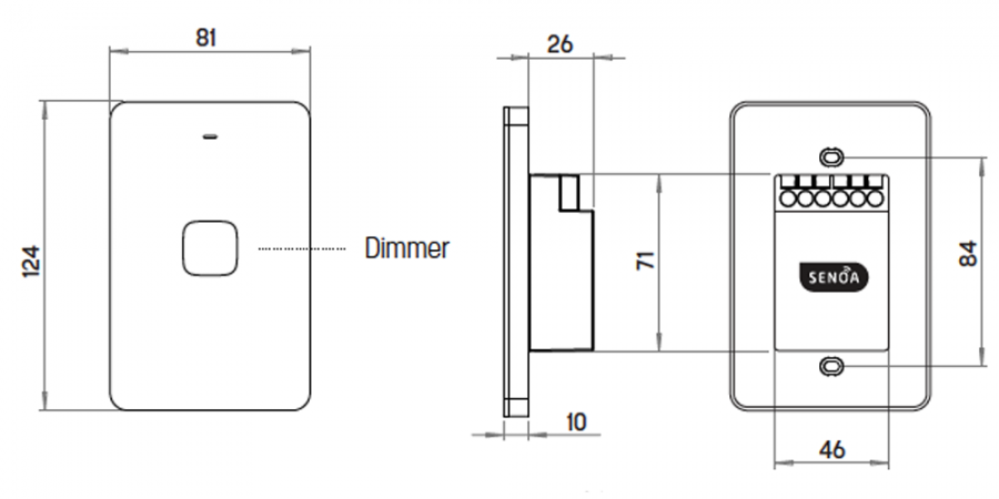 Zimi Senoa 1 Button Dimmer Switch dimensions
