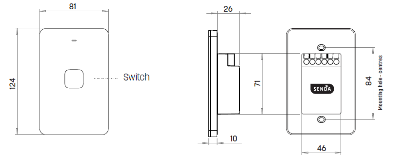 Zimi Senoa 1 Button Multi Purpose Switch Vertical dimensions
