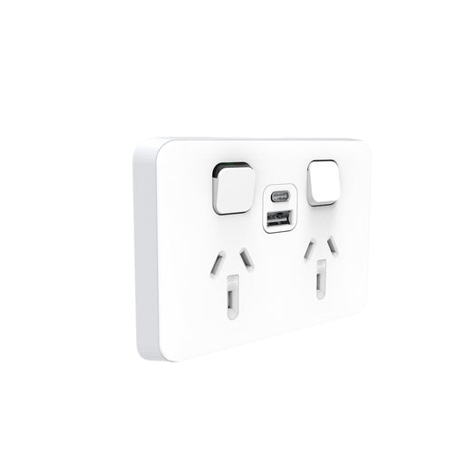 Clipsal Iconic Double Powerpoint With USB A+C Charger Vivid White