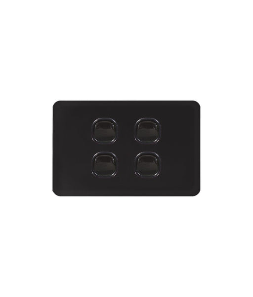 Black rectangular switch plate with four sockets on a white background