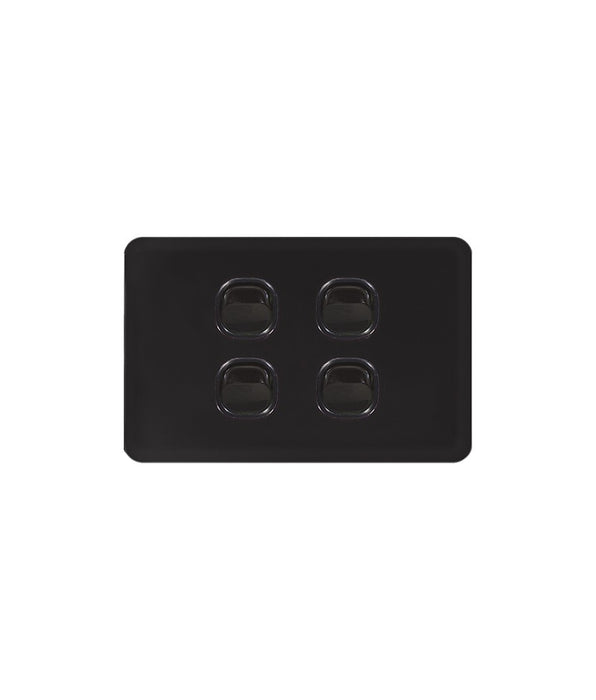 Black rectangular switch plate with four sockets on a white background