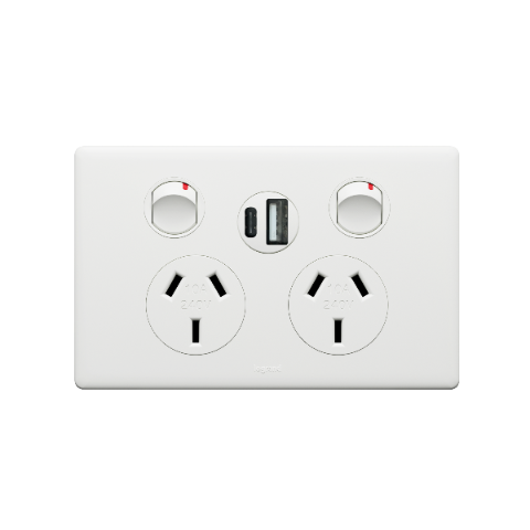 Legrand Excel Life Double Power Point Outlet With Integrated A+C USB Charger, Available in 5 Colours