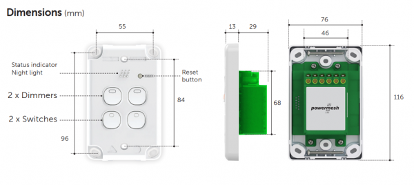 Powermesh Multi Dimmer Switch 4 Button 2 Dimmer 2 Relay 10A Max Per Plate 230V